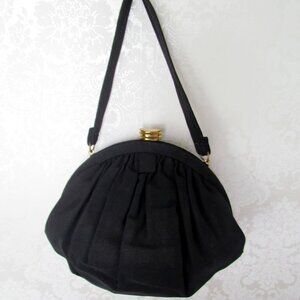 BLACK HANDBAG, VICTORIAN-1940s SNAP-SHUT ANTIQUE PUFF PURSE CHARMING COSTUME BAG